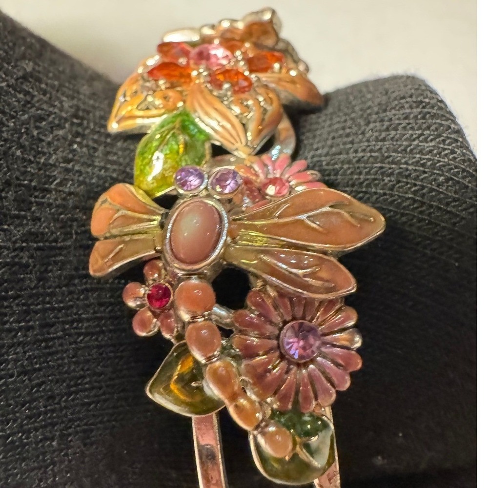 Floral Butterfly Enamel Hinged Bangle Bracelet Silver Tone Multi-Color Crystal